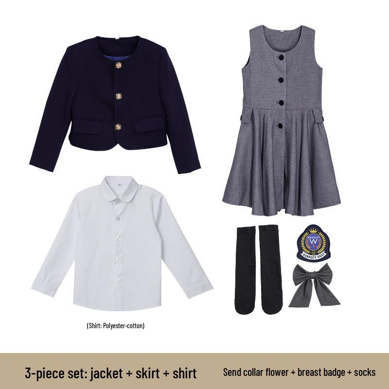 Children's Academy Style Formal White Shirt & Navy Jacket Suit Set for Elementary School Girls