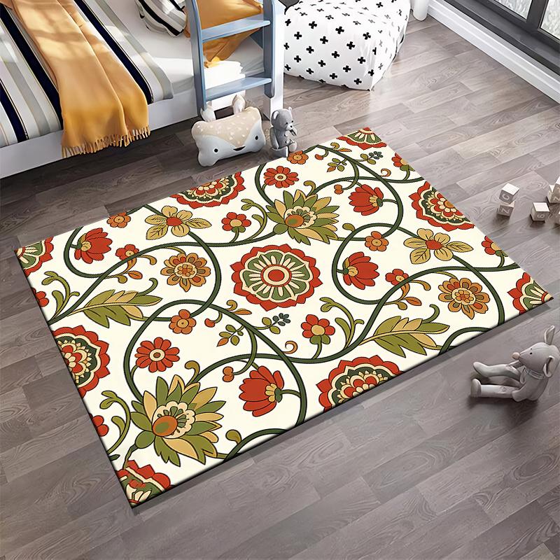 Floral Pattern Carpet with Red Green Yellow Boho Style for Living Room Suitable for Use As an Anti-slip for Living Room Bedroom Sofas