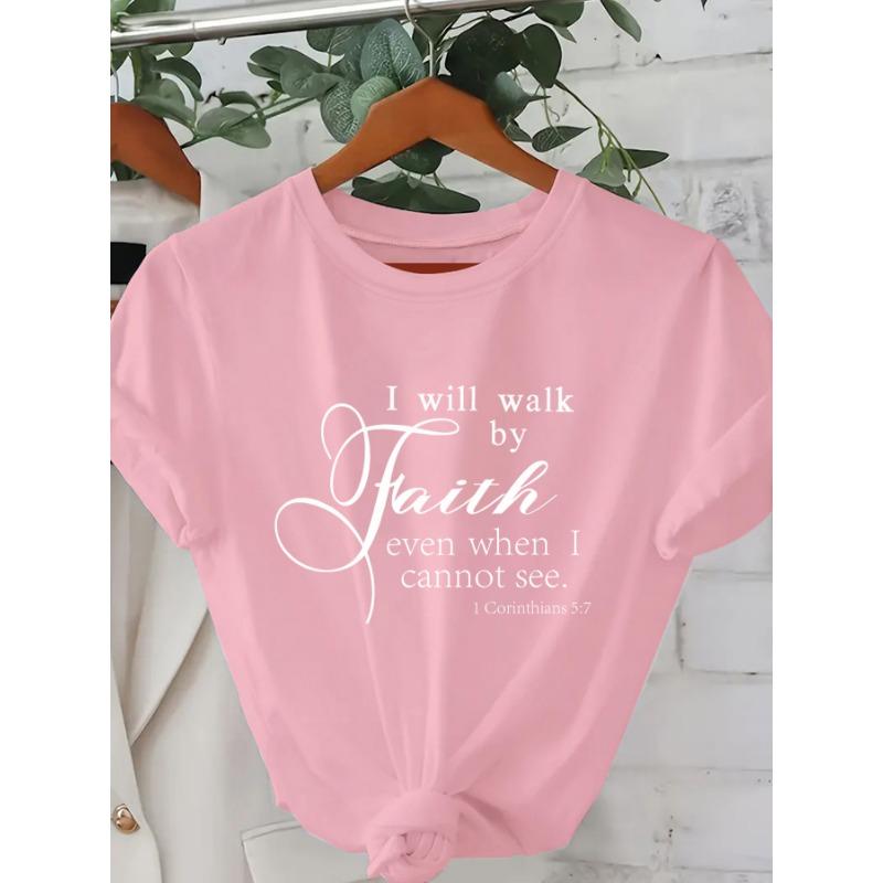 Walk By Faith Women's Tee - Bible Verse Graphic Pink Casual Top
