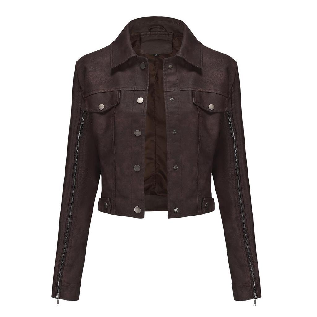 Podzim Zima Dámská klopový límec Dlouhý rukáv Slim Fit Zip Pu Kožená bunda