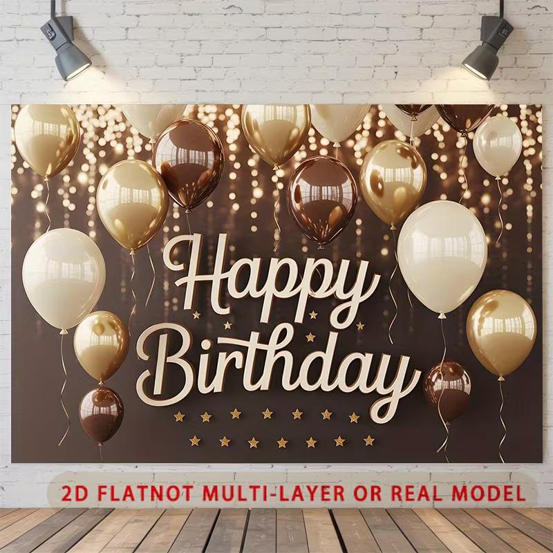 2D Modern Brown Gold Happy Birthday Backdrop for Stylish & Adult Celebrations