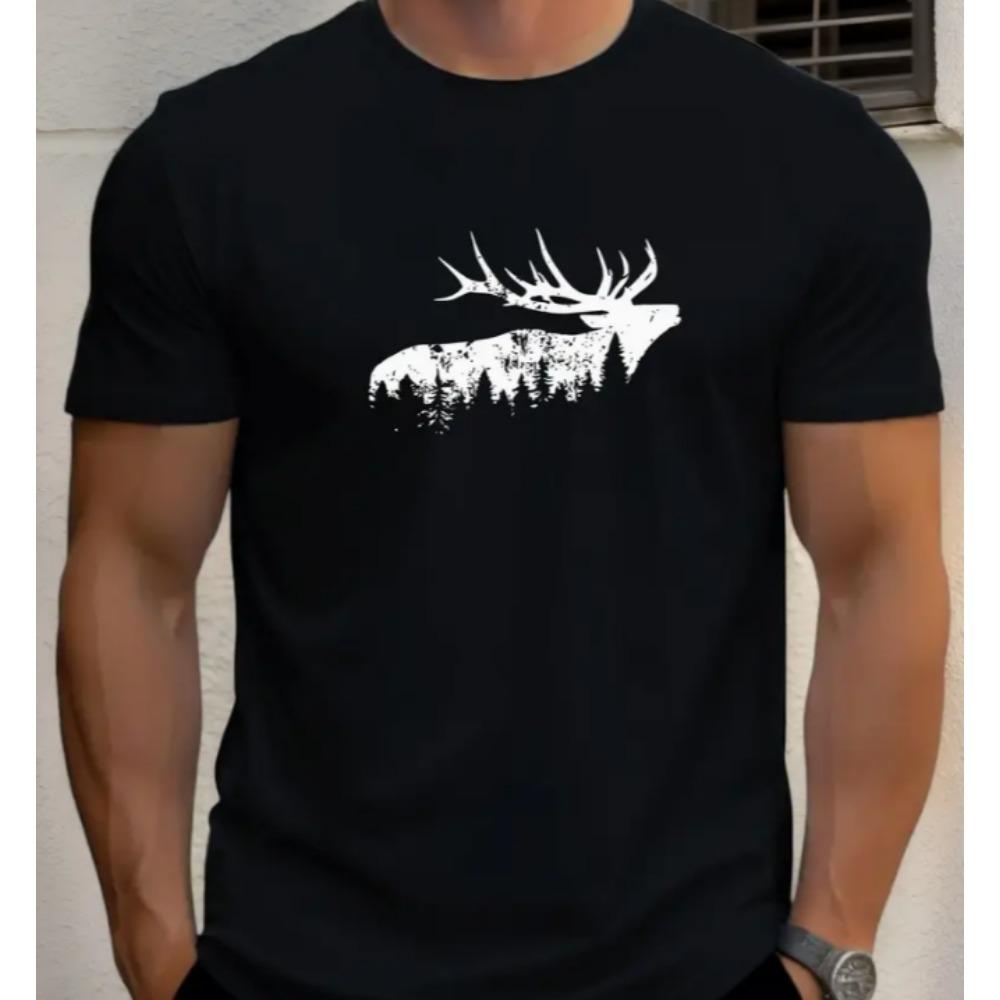 Men Maroon Deer Forest Graphic T-Shirt Summer Short Sleeve Round Neck Tee with White Stag Print Men Clothing
