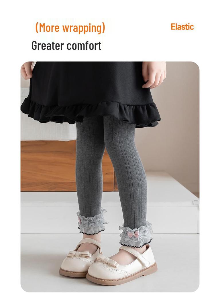 Girls' Brushed Cotton Leggings with Bow & Lace Trim - Autumn/Winter Fleece, Nine-Point Length