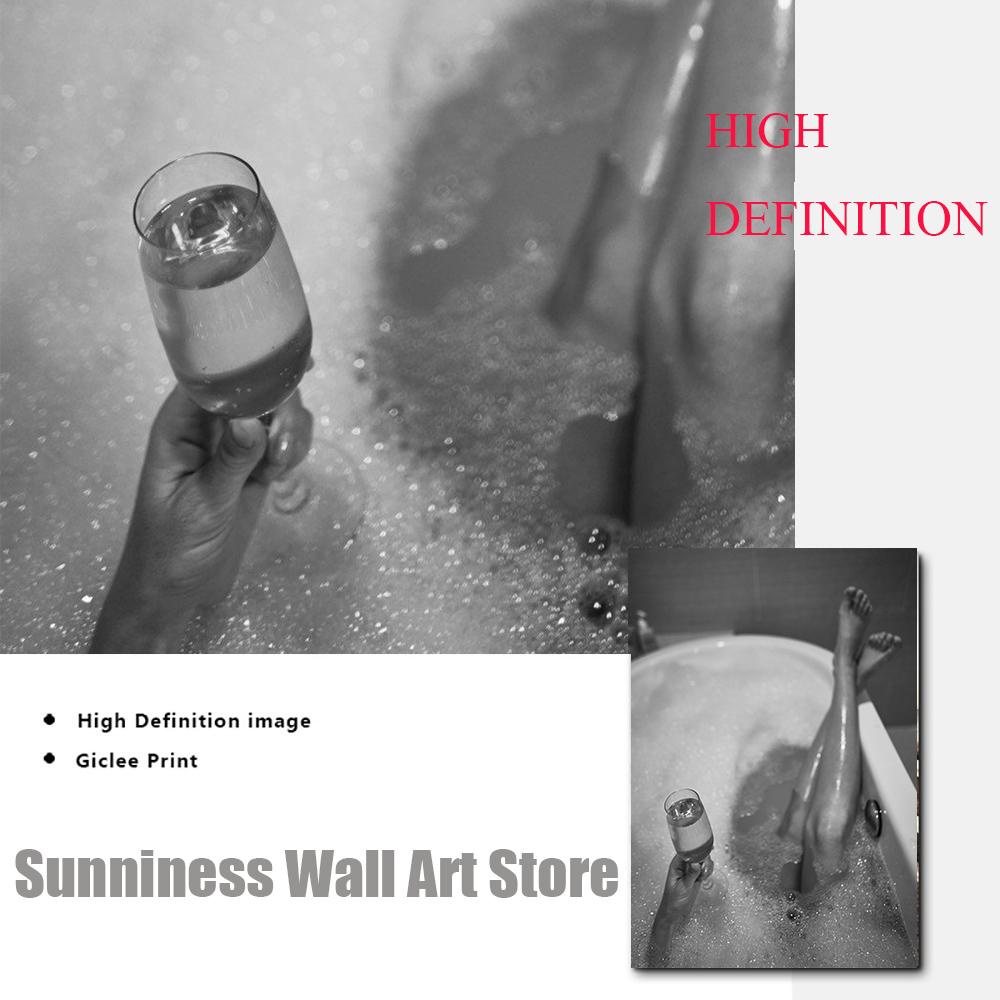 Toaletă modernă, femeie sexy, imprimeuri pe pânză, bar, fată, băutură, baie, afișe, modă, negru, alb, şampanie, pictură, decor