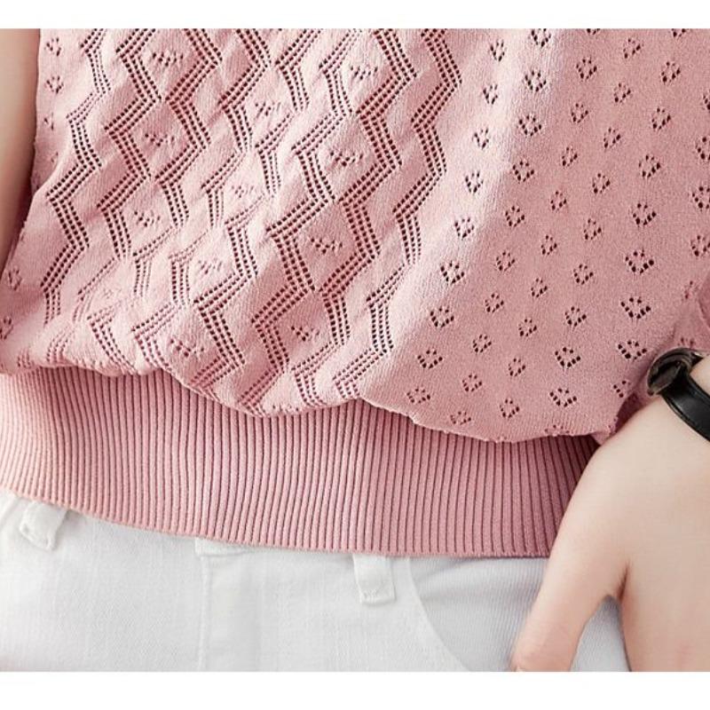 Letnie koreańskie damskie topy z okrągłym dekoltem, gładkie, ażurowe, żakardowe, z tkaniny ice silk, modne, krótkie rękawy, luźny splot