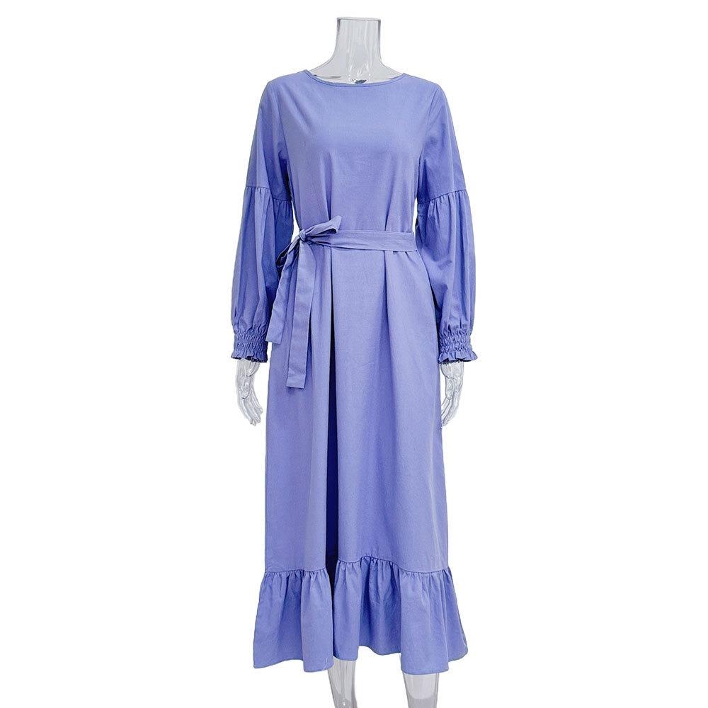 Russian fashion cotton and linen lace-up loose dress ozon women European and American wholesale S синий