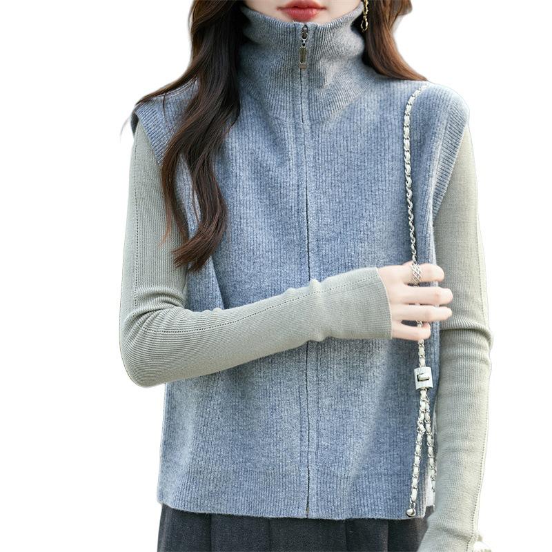 Women's 100% Pure Wool Sleeveless Cardigan Vest - Autumn/Winter Lapel Zipper, Loose & Slimming Knit Sweater