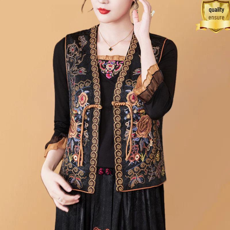 2024 Retro Etnisk Kinesisk Stil Brodert Reversibel V-hals Vest for Kvinner