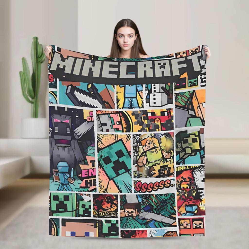 Super Soft Plush Bedding Throws Cartoon Mines Pixels Game  Blankets  For Couch Bed Camping Flannel Bedspread Bed Cover