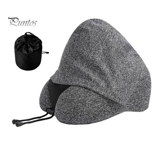 Travel Neck Pillow with Hood Memory Foam U-shaped Pillow with Adjustable Drawstring Breathable Neck Cushion for Airplane Car Long Flights Road Trips