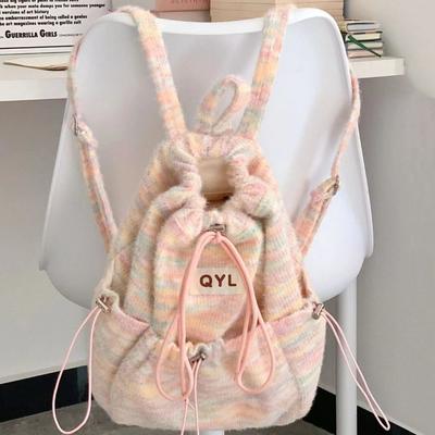 Candy Color Colorful Backpacks Fashion Multi-Function High-capacity Drawstring Backpack Warm Travel Furry Shoulders Bag Girl