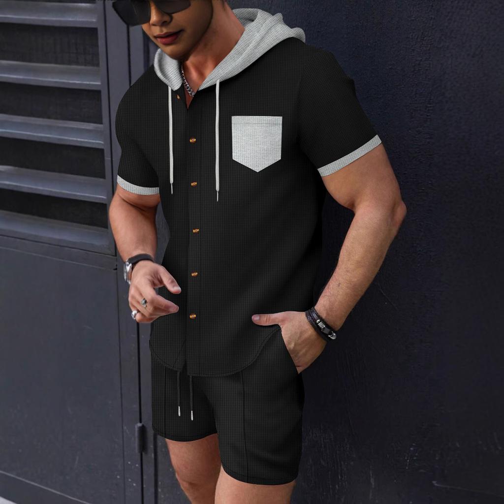 Summer Summer Men's  Waffle Shirt Set Solid Color Hooded Short-sleeved Shorts Set
