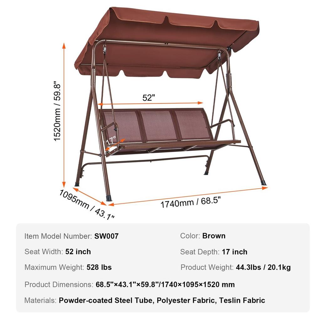 3-Seat Patio Swing Chair, Outdoor Patio Swing with Adjustable Canopy, Porch Swing with Armrests, Teslin Fabric and Alloy Steel Frame, for Balcony,