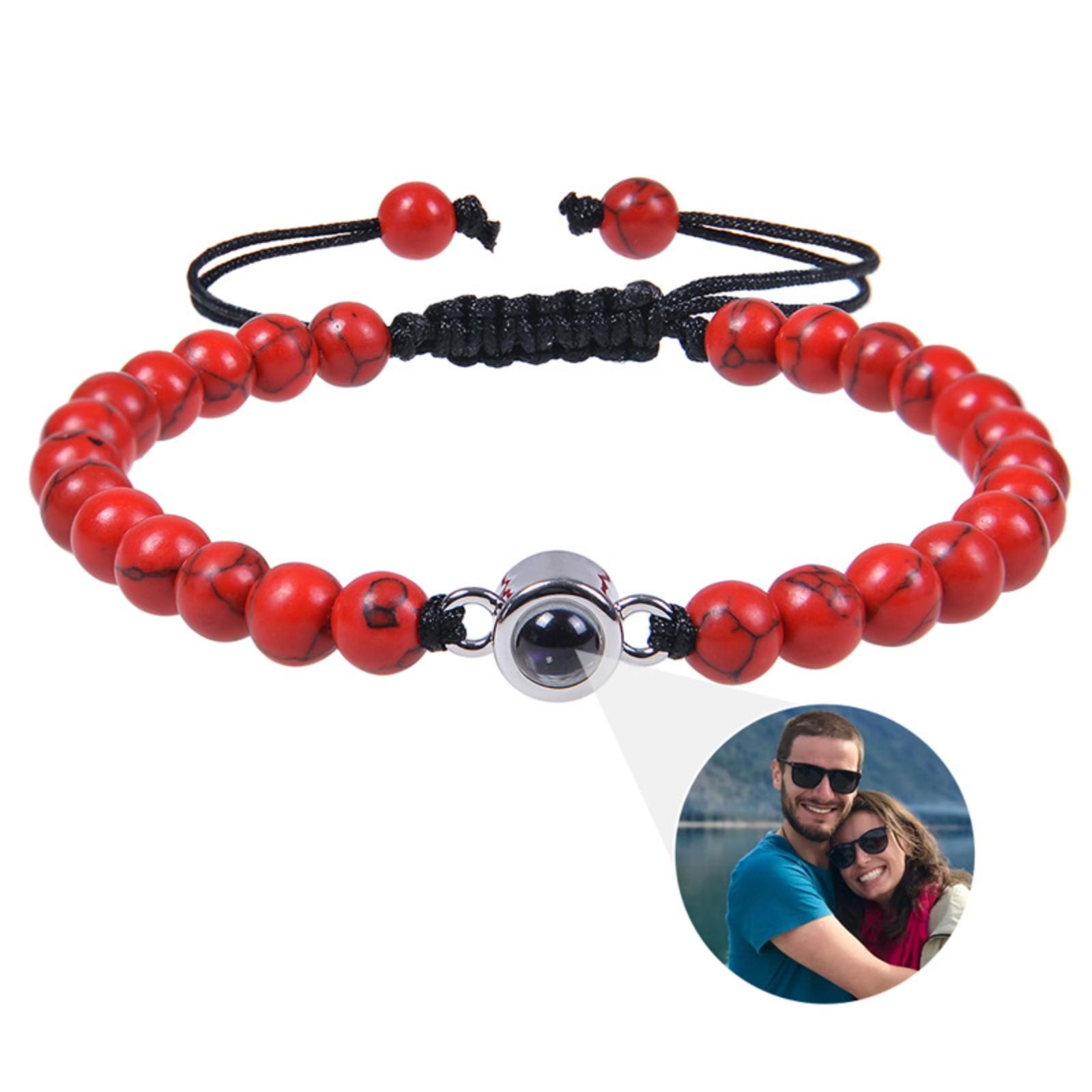 

Personalized Photo Customization Beaded Bracelet Adjustable String Band with Central Metal Bead for Men Women Gift One Size красный