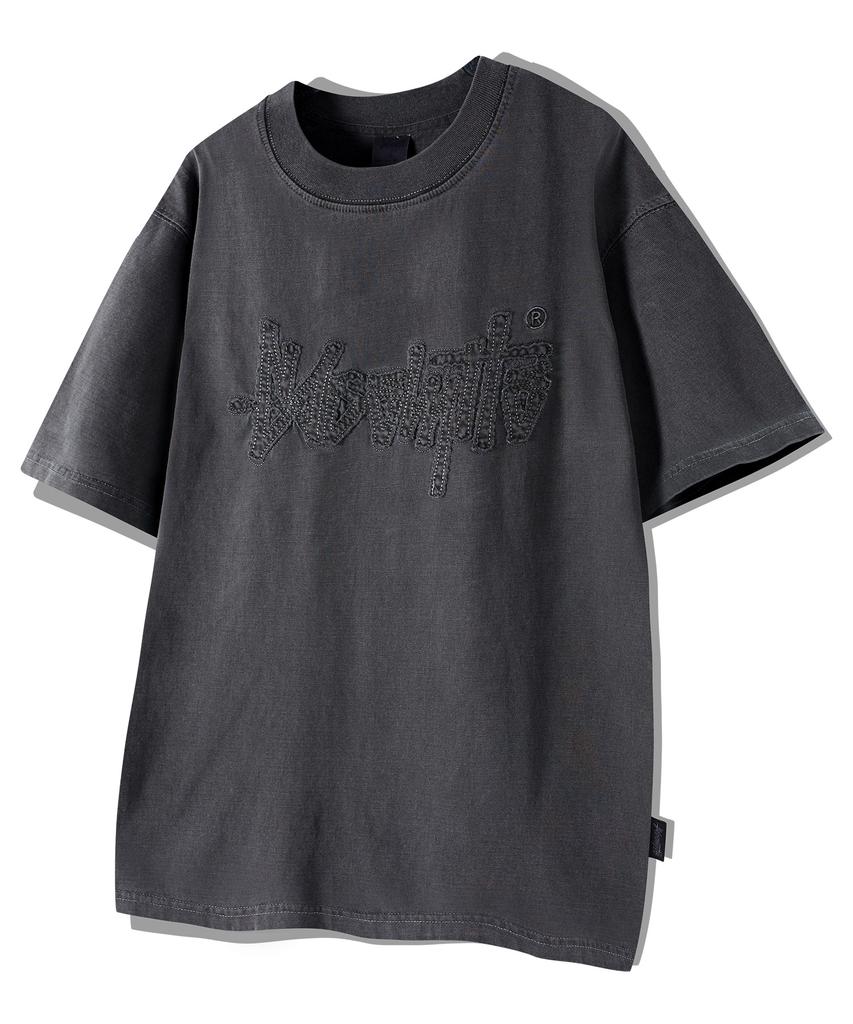 Yosemiti Applique Embroidery Pigment Short Sleeve T-Shirt Smoke Black Yt-306