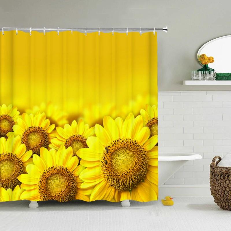 3d Sunflower Yellow Flowers Shark Shower Curtains Bathroom Waterproof Bath Curtain Polyester Cloth With Hooks Decor Bath Screen