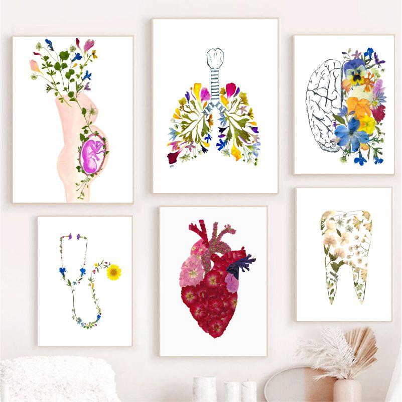 Human Anatomy Poster Breastfeeding Lung Stethoscope Embossed Wall Art Canvas Painting Abstract Anatomy Medical Room Decoration