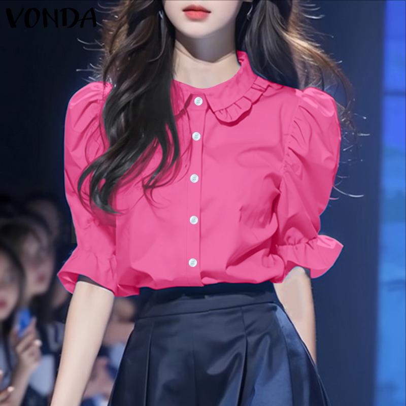 

VONDA Women Doll Collar Puff Sleeve Buttons Up Ruffled Solid Casual Blouse S синій