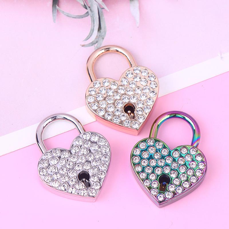 New Metal Love Wish Lock Keyed Padlocks Diamonds Heart Shaped Lock For Jewelry Box Small Wooden Box