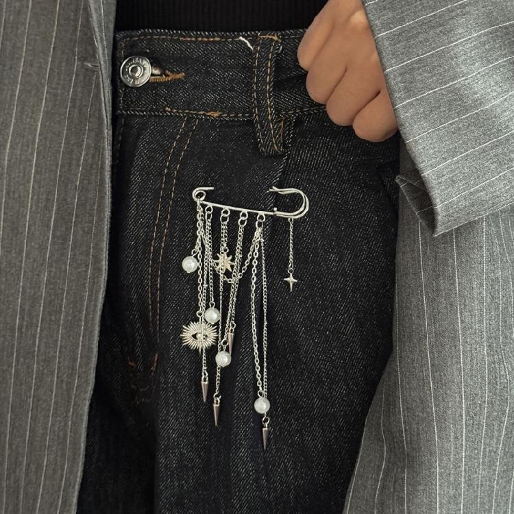 Rhinestones Pearls Brooch With Removable Alloy Chain For Pants Decoration And Fashion Accessories