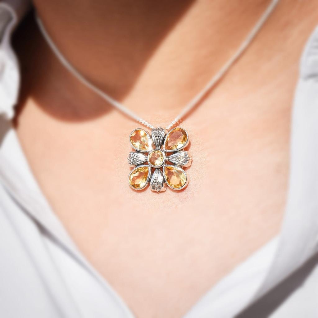 Citrine Flower Pendant: 925 Sterling Silver Jewelry