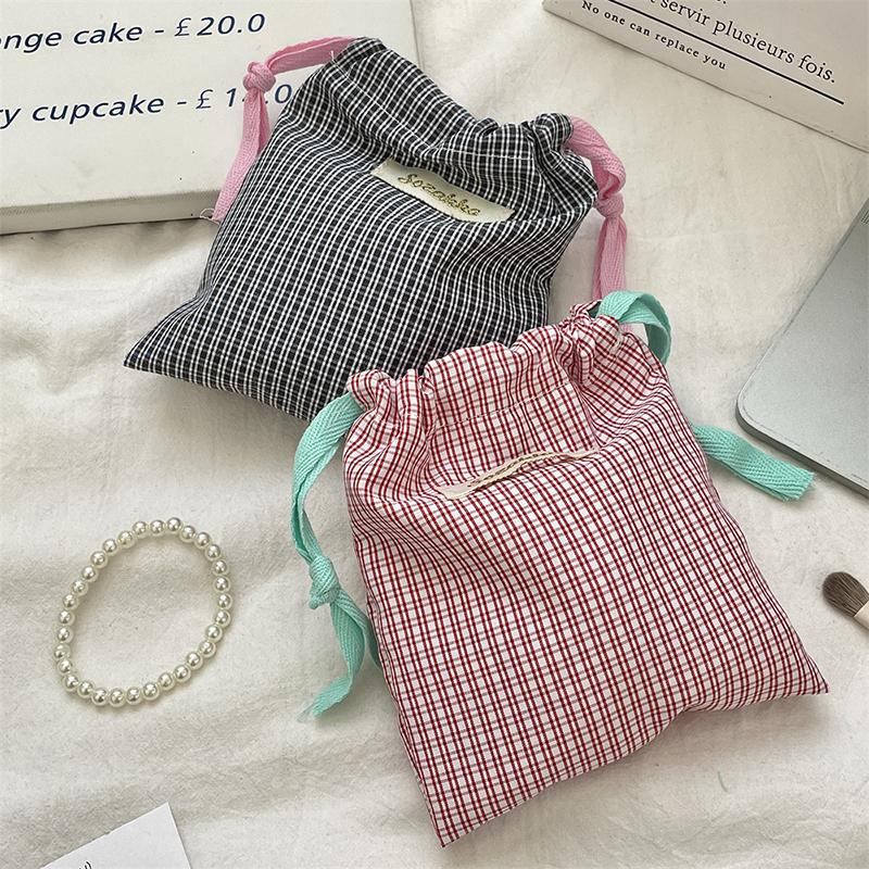 Checkered Pattern Lipstick Makeup Bag With Drawstring Simple Jewelry Handbag Large Capacity Storage Pouch