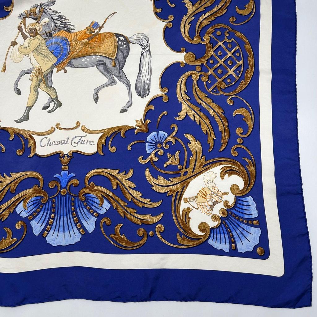 Used HERMES Carre 90 "Horses of the Sun" Scarf, 100% Silk, Blue