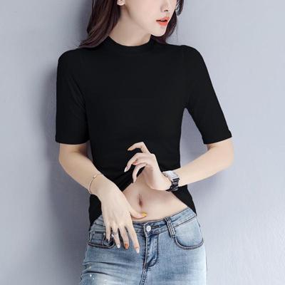 Women's Slimming Fitted T-Shirt: Round, V-Neck, or Mock Neck; Short or Three-Quarter Sleeves; Semi-High Neck Basic Top.