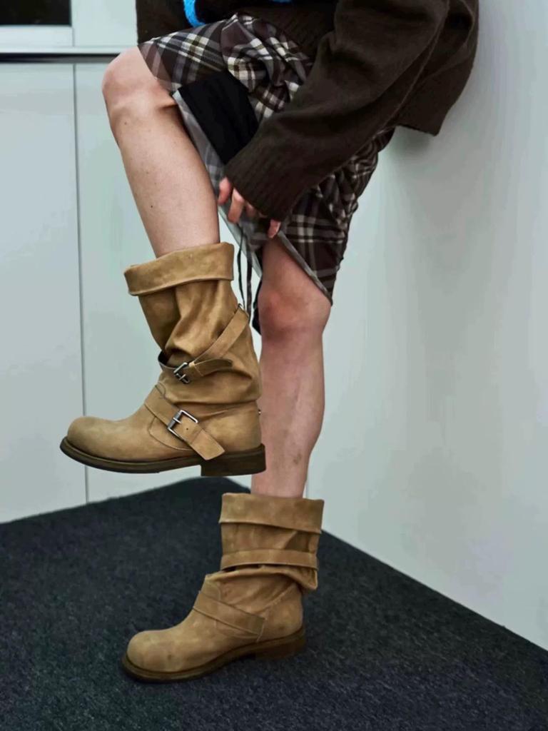 In Stock: Women's Two-Way Wear Heavy-Duty Distressed Knight Boots with Belt Buckle - Retro Style Outdoor Boots