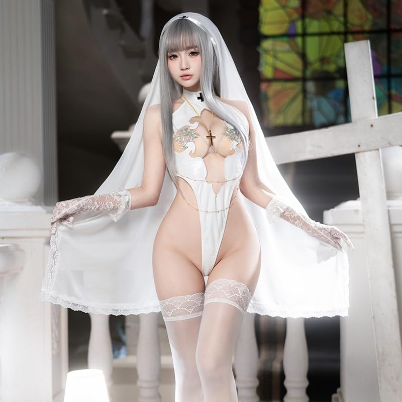 Ahegao Sister Cosplay Sexy Nun Costume with Cross Pure Saint White Sheer Extremely Babydoll Halloween Set & Veil, Leotard, Erotic, Seductive, Exposed,