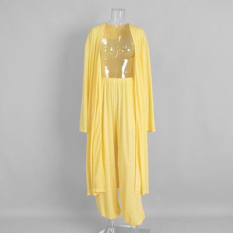 

European and American New Fashion Cardigan Robe Wide Leg Trousers Set Cardigan Robe Long Pants Set Yellow L