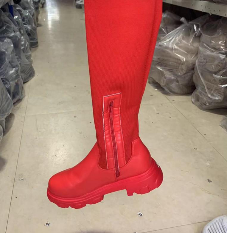 Ботинки большого размера женские осенние новые ботфорты большого размера с круглым носком из мушиной вязки для женщин 35 красный 4439₽