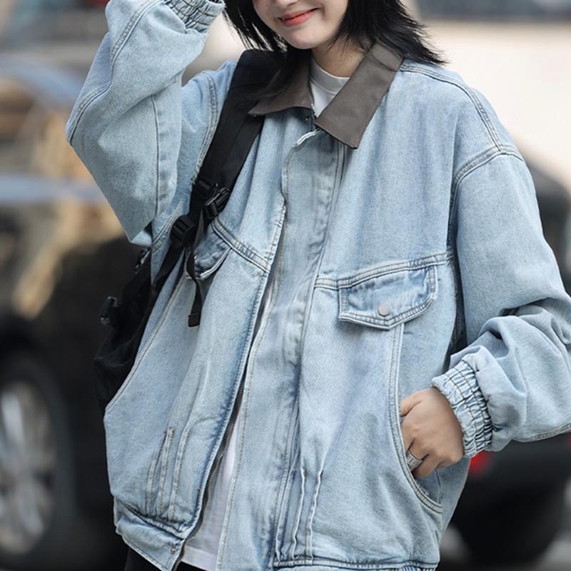 Unisex Módní Džínová Pracovní Bunda - Jaro & Podzim, High Street Styl, Klasický Límec, Volný Střih