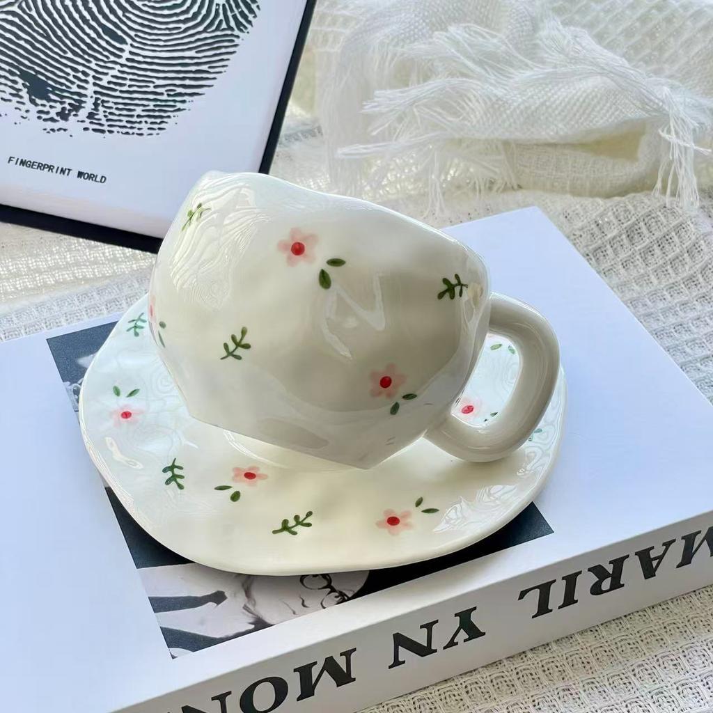 Wind Hand-squeezed Ceramic Coffee Cup and Saucer Set, Hand-painted Flowers, Cute Mugs, High Value