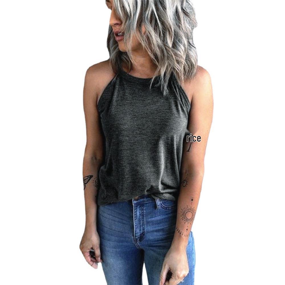

2024 Summer Slim Fit Off-Shoulder Women s Tank Top - Solid Color Round Neck XL темно-серого