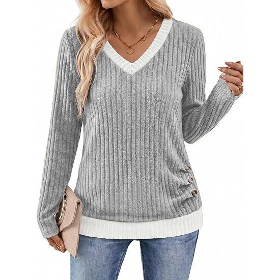 TIFICY Women's Fashion Casual Spring Autumn Solid Color Print Long Sleeve V-Neck Blouses & Shirts