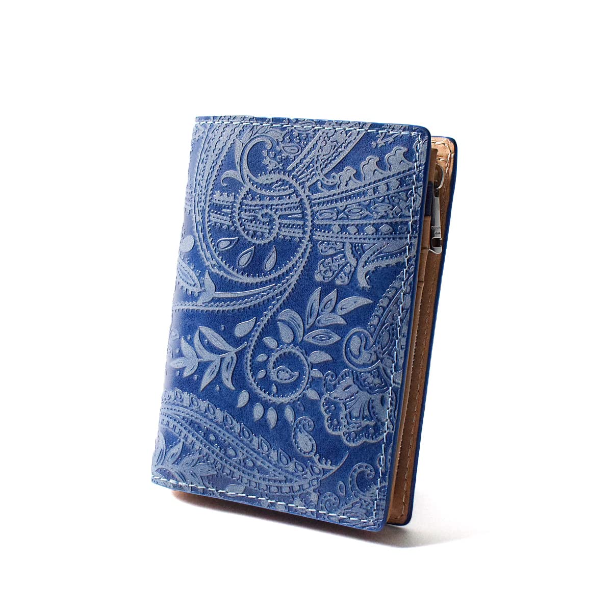 

Half Indigo Dyed Leather Paisley Pattern Bifold Wallet [Baggy Port] Wallet, + Embossed, Men s, Women s, Unisex, ZYS-196 (Blue)