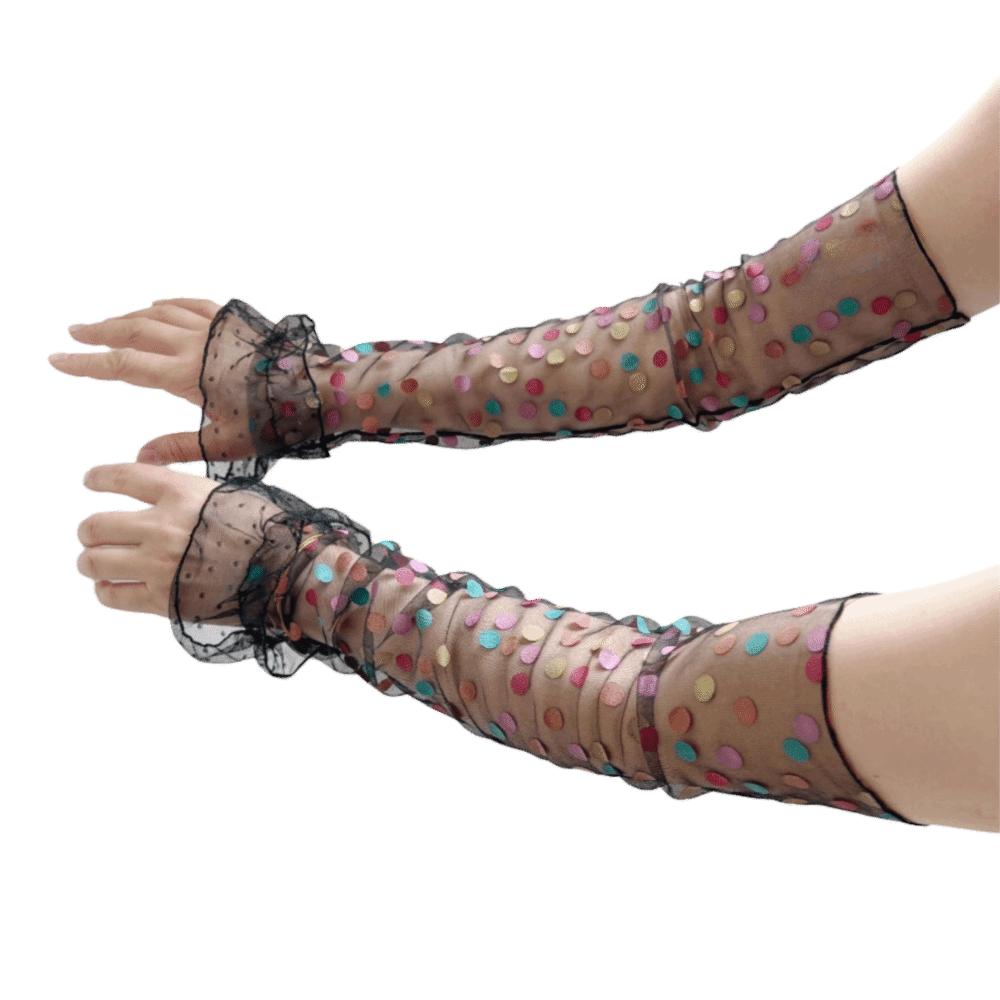 Polka Dot Pattern Mesh Sunscreen Sleeves Breathable Long Fingerless Gloves  Sun Blocking Black Polka Dot