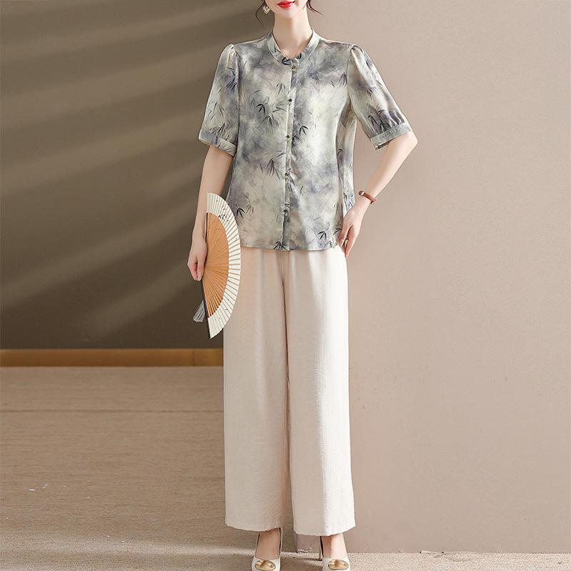 

2026 New Stylish Chiffon Shirt Set for Middle-Aged and Elderly Women - Chinese Style Short-Sleeved Top for Mom s Summer Wardrobe 3XL (Approx. 135-145 lbs)