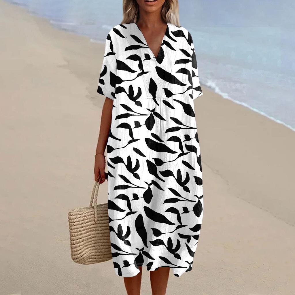Women's Loose Casual Fashion V-Neck Printed Dress Beach Skirt