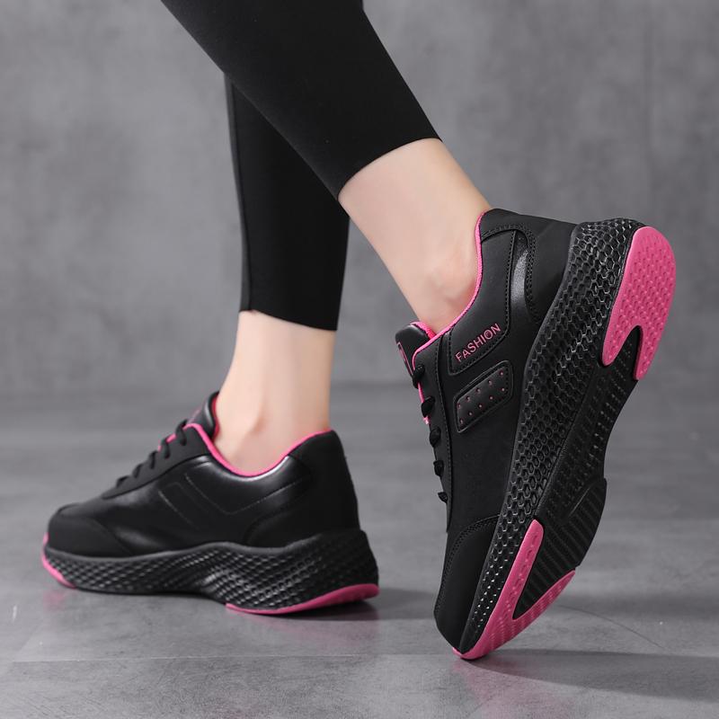 Running Shoes for Women Black Sneakers PU Leather Comfortable Height Increasing Chunky Shoes Breathable Leisure Shoes Big Size