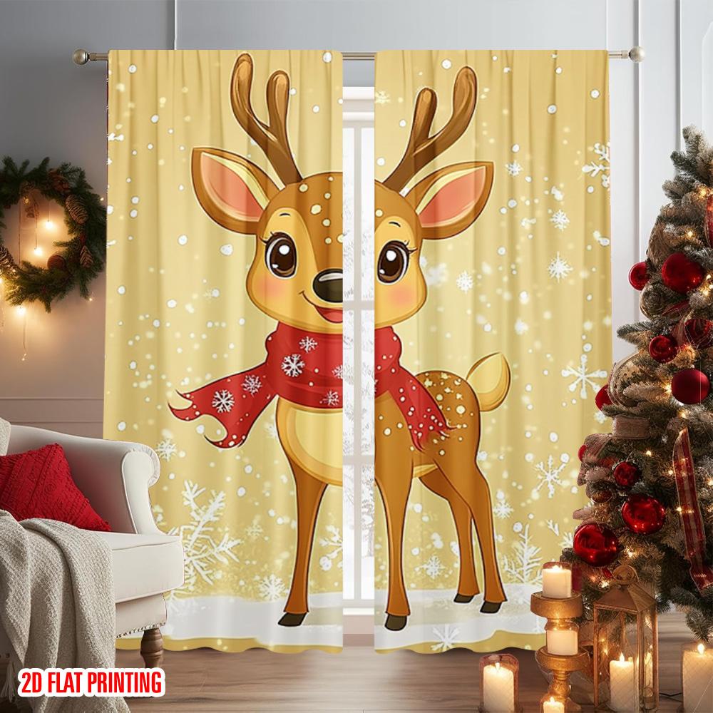 2pcs 2D flat printing Christmas Window Curtains Cute cartoon reindeer (2) 100% Polyester Without Electricity Family Party for