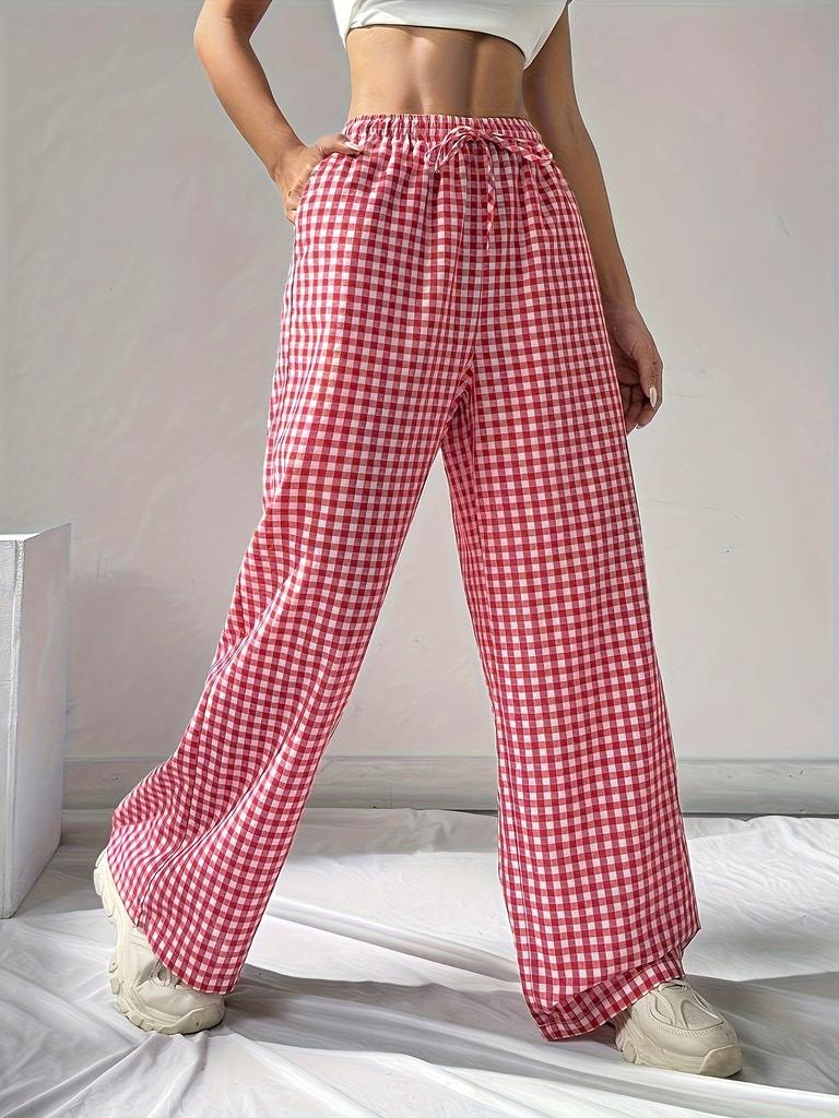 Women's Spring/Autumn Loose-Fit Pink Checkered Tie-Waist Casual Checkered Pants