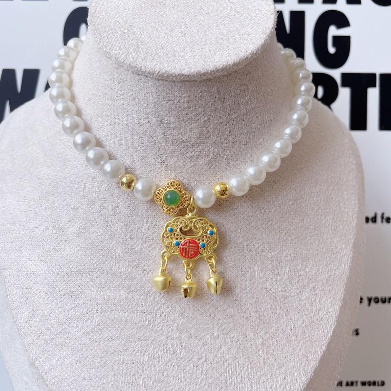 Pet Imitation‑Jade Auspicious Lock Pearl Necklace Stylish Fortune Decor Collar For Cat Dog