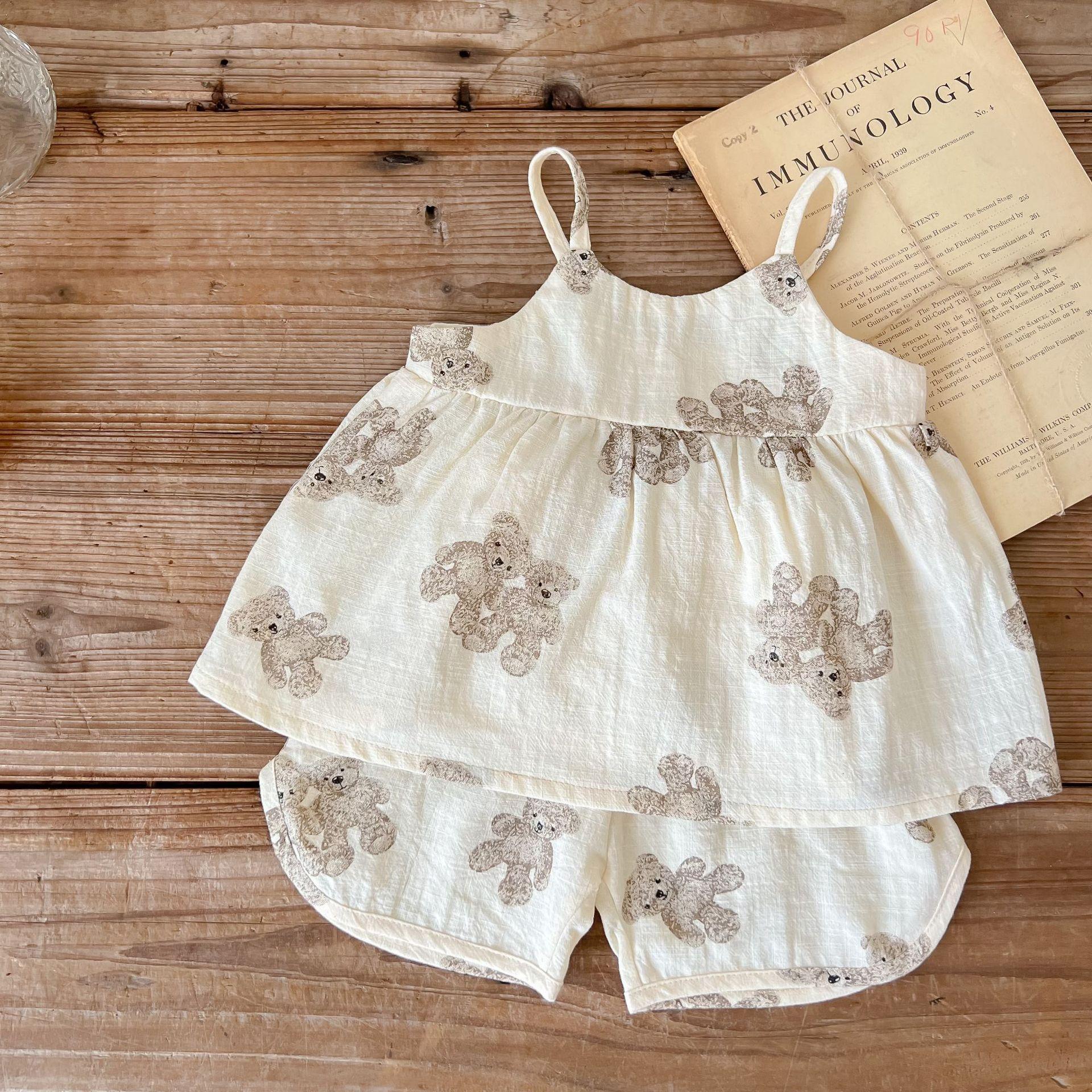 Baby Girl Summer Two-Piece Set with Bear and Strawberry Print Sleeveless Top and Shorts 66