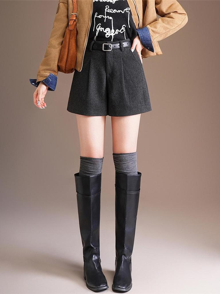 Plus Size Women's High Waist A-Line Woolen Shorts - Autumn & Winter, Loose Wide Leg, Bootcut, Slimming Fit