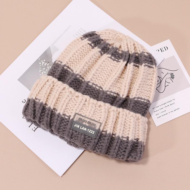 Autumn and Winter Striped Color-blocking Hat for Women Versatile Wool Hat Ear Protection Warm Pullover Hat Outdoor Riding Cold Proof Knitted Hat