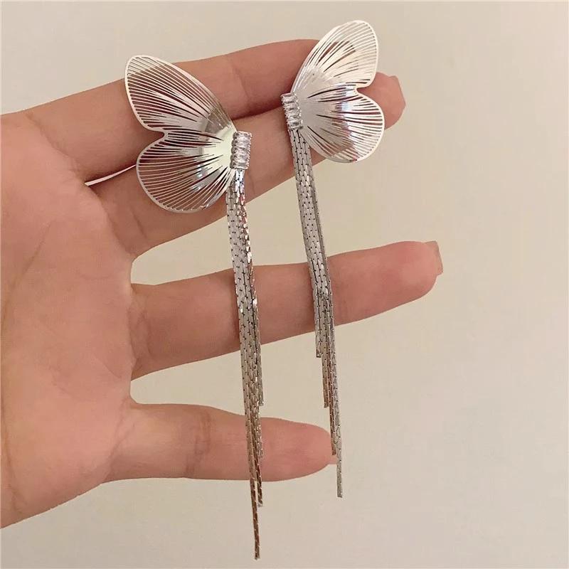 Exaggerated Rhinestone Long Tassel Earrings Trendy Metal Butterfly Wings Personalized Hanging Earrings Girl Unique Party Jewelry