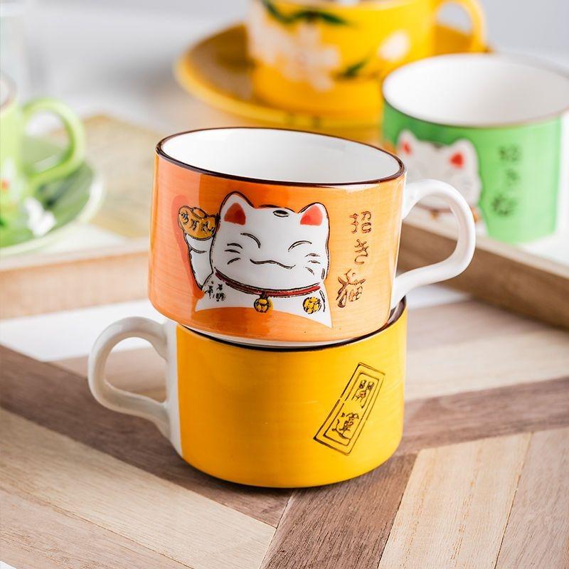 Coffee Cup Waterware Lucky Cat Dish Saucer Spoon Set Gift Box Japanese Green Handle Cartoon Tea Drinkware Home Kitchen Supplies