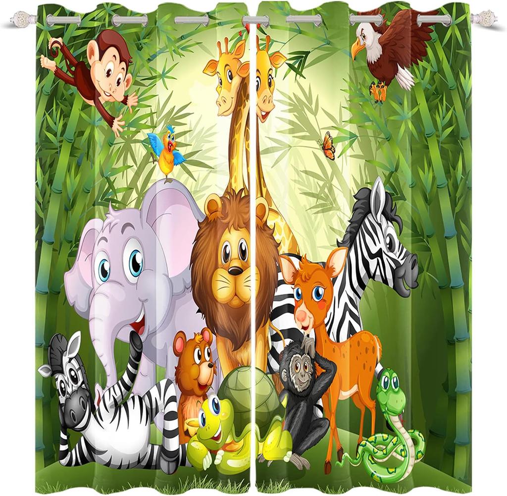 Cartoon Animal Curtain For Kids Boys Girl Forest Lion Elephant Monkey Zebra Jungle Zoo Art Print Window Drapes Blackout Curtains